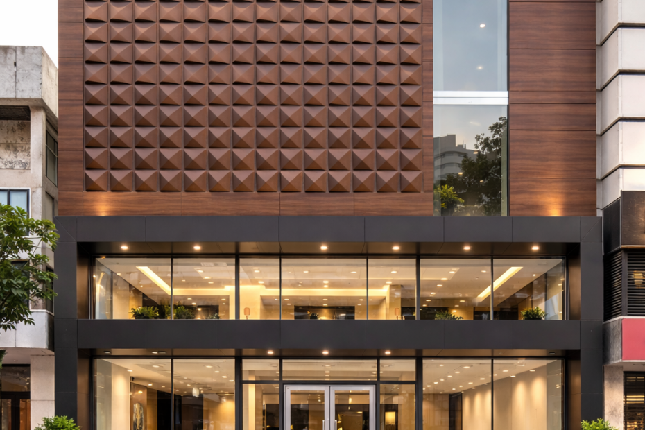 ACP cladding and elevation work for commercial building in Tamil Nadu by Galaxy Graphics & LED