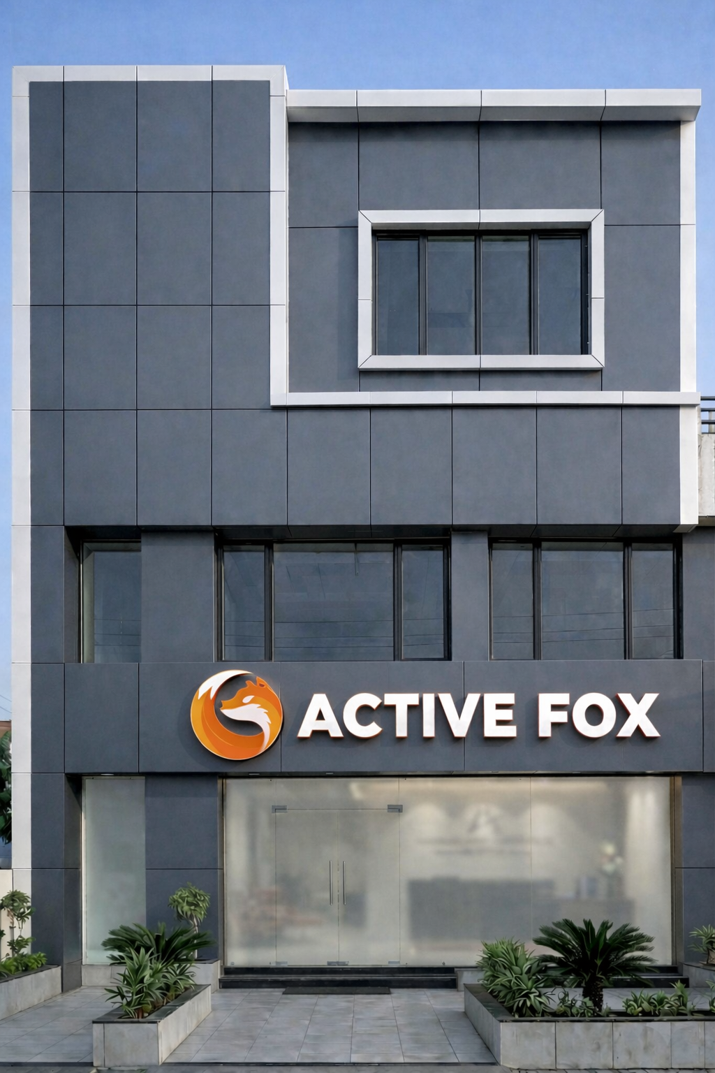 ACP cladding elevation with LED signage for modern commercial building exterior design