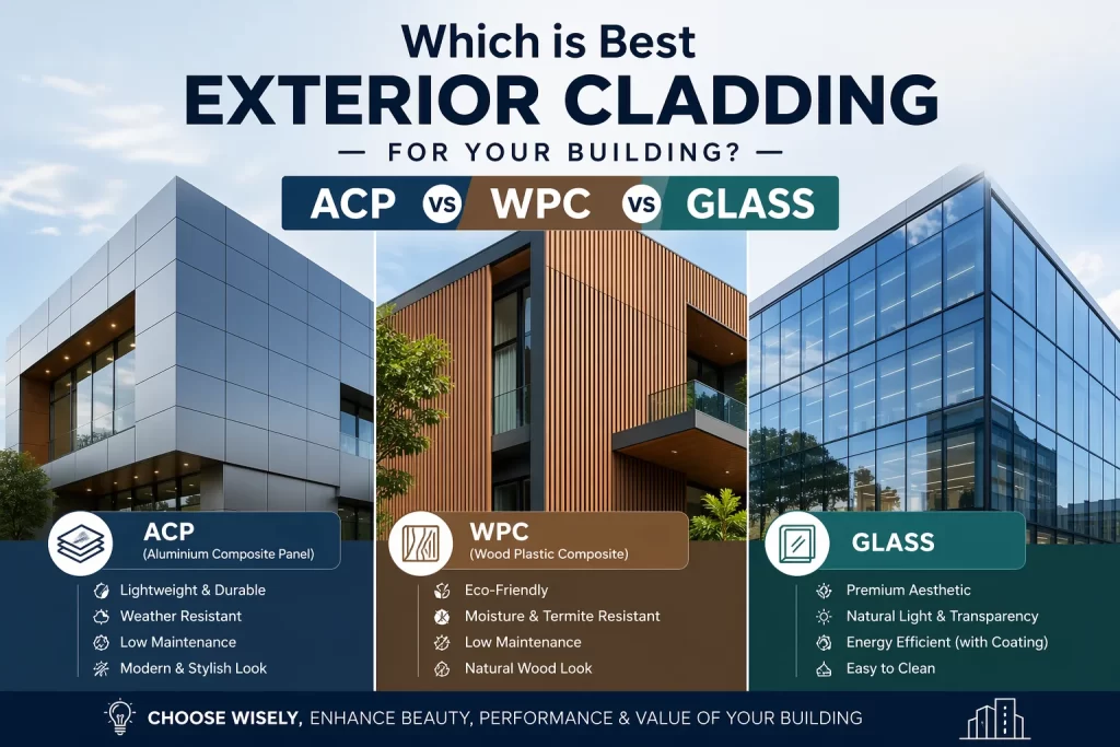 exterior cladding comparison ACP vs WPC vs glass for building