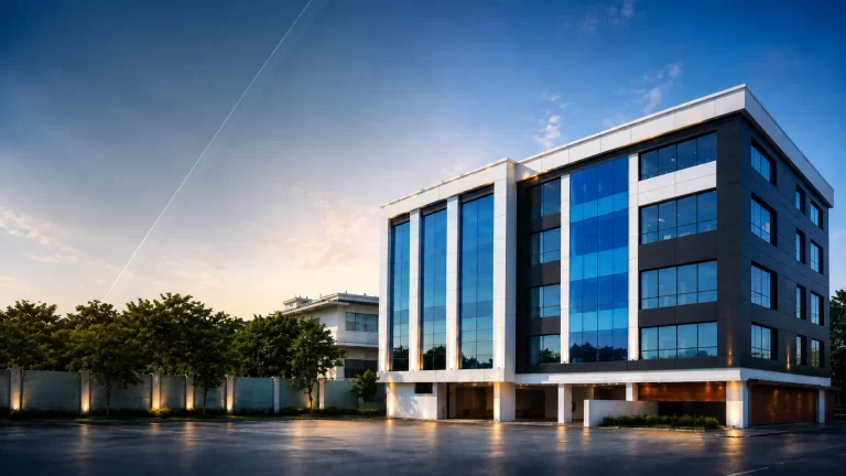 Modern commercial building elevation featuring ACP cladding and structural glass glazing work by Galaxy Graphics & LED.