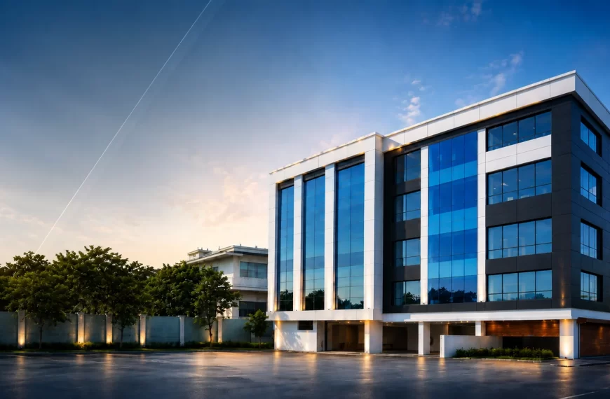 Modern commercial building elevation featuring ACP cladding and structural glass glazing work by Galaxy Graphics & LED.