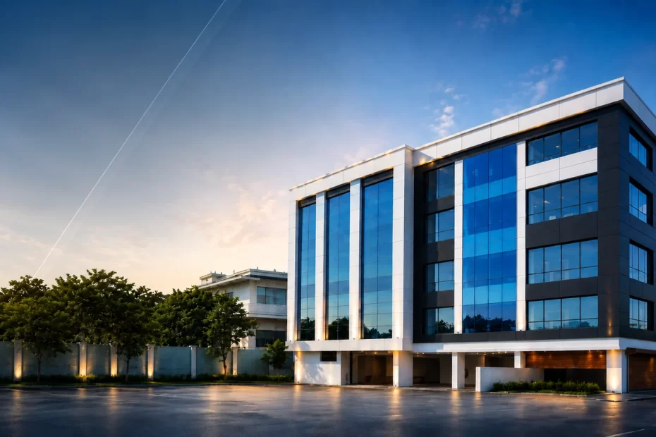 Modern commercial building elevation featuring ACP cladding and structural glass glazing work by Galaxy Graphics & LED.