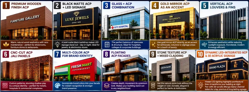 Top 10 ACP facade design ideas for showrooms, hospitals and commercial buildings in 2026 featuring wooden finish ACP, black matte ACP with LED signage, glass ACP facade, gold mirror ACP, vertical louvers, CNC jali panels, multi-color ACP cladding, floating facades, stone texture ACP and LED-integrated commercial building elevations.