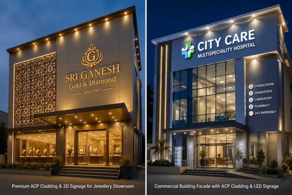 Commercial ACP cladding facade for jewellery showrooms, hospitals, textile stores, and modern commercial buildings in Tamil Nadu.