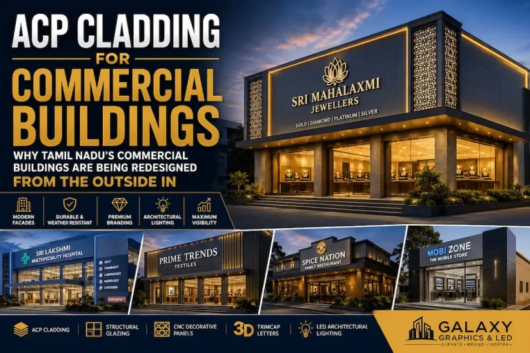 Commercial ACP cladding facade for modern commercial buildings in Tamil Nadu featuring structural glass glazing, aluminium Trimcap 3D channel letters, and architectural LED lighting.