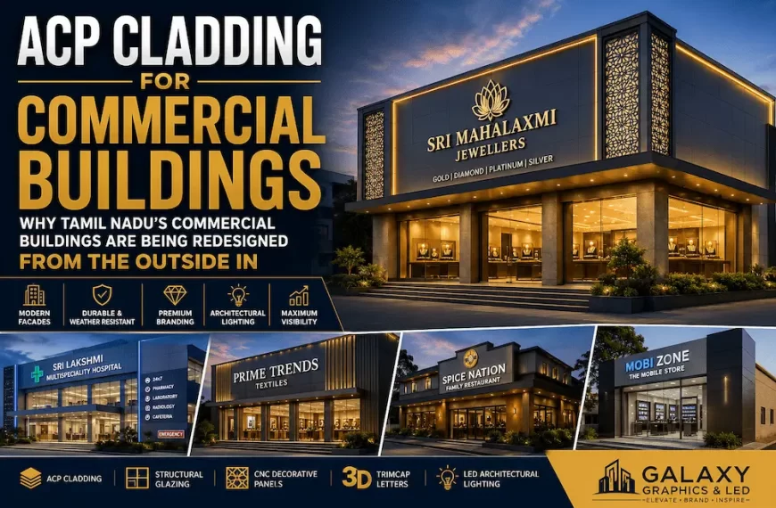 Commercial ACP cladding facade for modern commercial buildings in Tamil Nadu featuring structural glass glazing, aluminium Trimcap 3D channel letters, and architectural LED lighting.