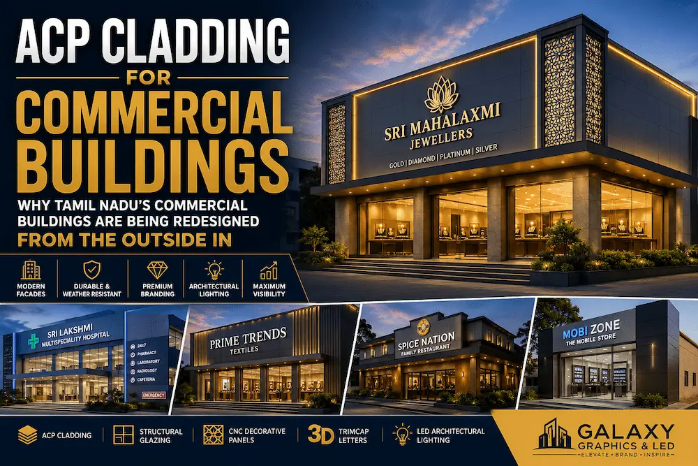 Commercial ACP cladding facade for modern commercial buildings in Tamil Nadu featuring structural glass glazing, aluminium Trimcap 3D channel letters, and architectural LED lighting.