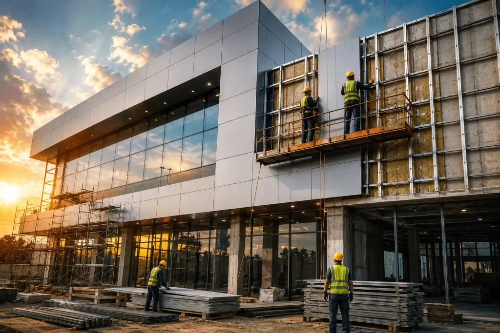ACP cladding installation in progress on a modern commercial building, showing aluminium sub-frame, panel fixing and facade construction work.