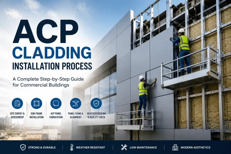 ACP cladding installation process for commercial buildings, showing workers installing aluminium composite panels on a modern building facade
