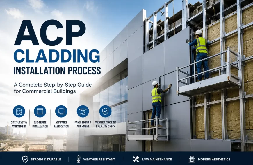 ACP cladding installation process for commercial buildings, showing workers installing aluminium composite panels on a modern building facade