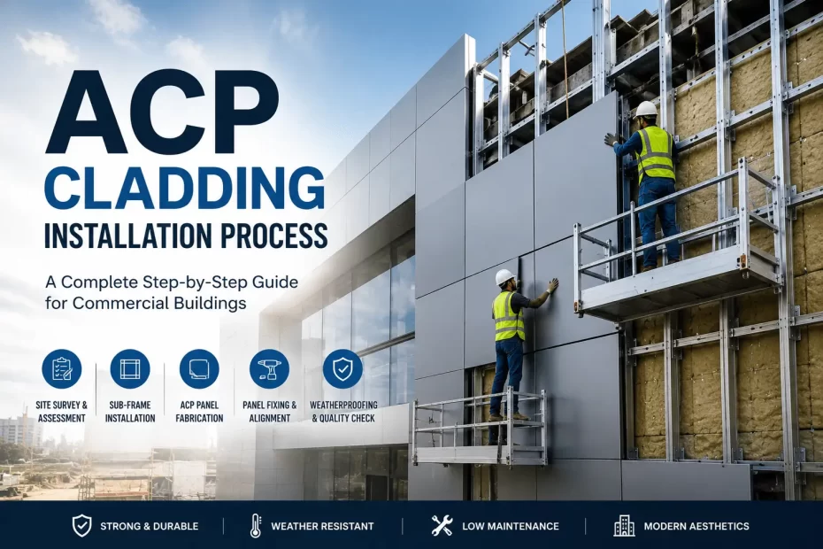 ACP cladding installation process for commercial buildings, showing workers installing aluminium composite panels on a modern building facade