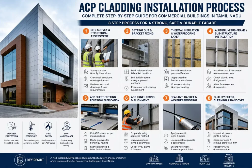 ACP cladding installation process for commercial buildings in Tamil Nadu showing site survey, bracket fixing, insulation, aluminium sub-frame, panel fabrication, fixing, weatherproofing and final quality inspection
