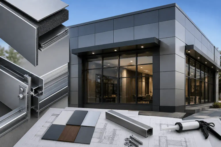 ACP cladding specification and aluminium framework details for a modern commercial building in Tamil Nadu