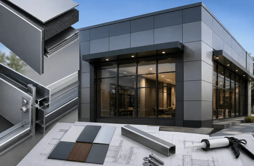 ACP cladding specification and aluminium framework details for a modern commercial building in Tamil Nadu