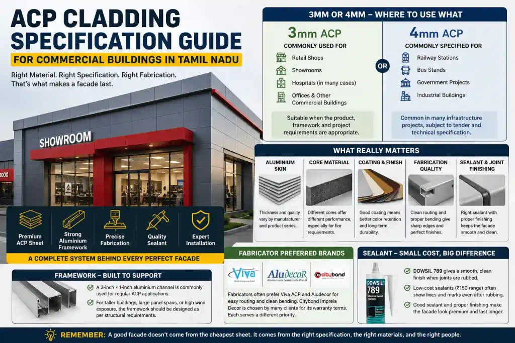 Learn ACP cladding specifications for commercial buildings in Tamil Nadu, including 3mm vs 4mm ACP, aluminium framework, fabrication, bending, sealants and project requirements.