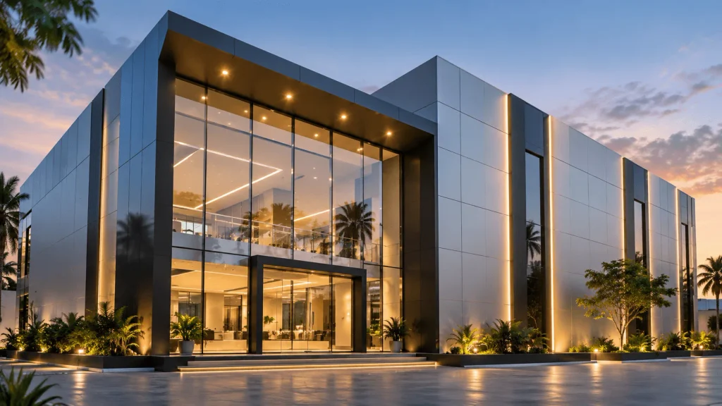 Modern commercial facade combining structural glazing and ACP cladding