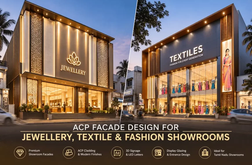 ACP facade design for jewellery, textile and fashion showrooms in Tamil Nadu