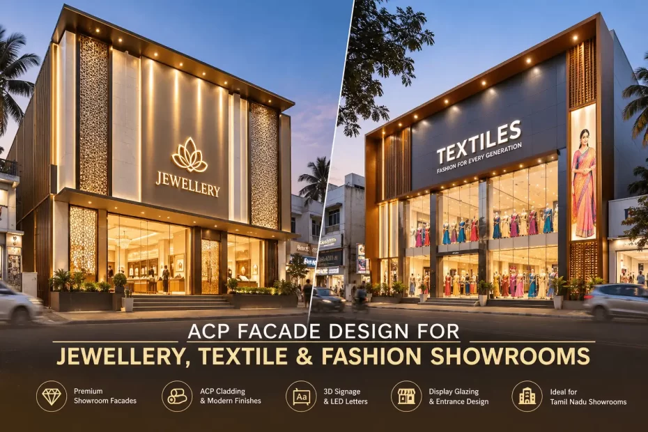 ACP facade design for jewellery, textile and fashion showrooms in Tamil Nadu