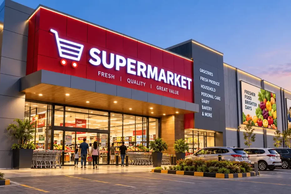 Modern supermarket exterior featuring ACP facade cladding, illuminated LED signage and a wide glass entrance