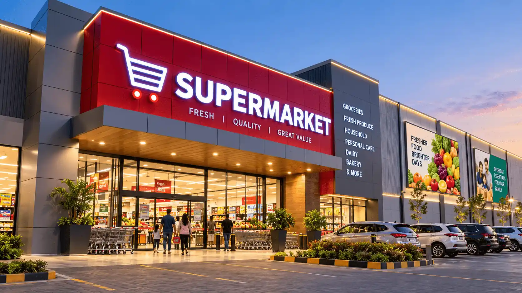 Modern supermarket exterior featuring ACP facade cladding, illuminated LED signage and a wide glass entrance