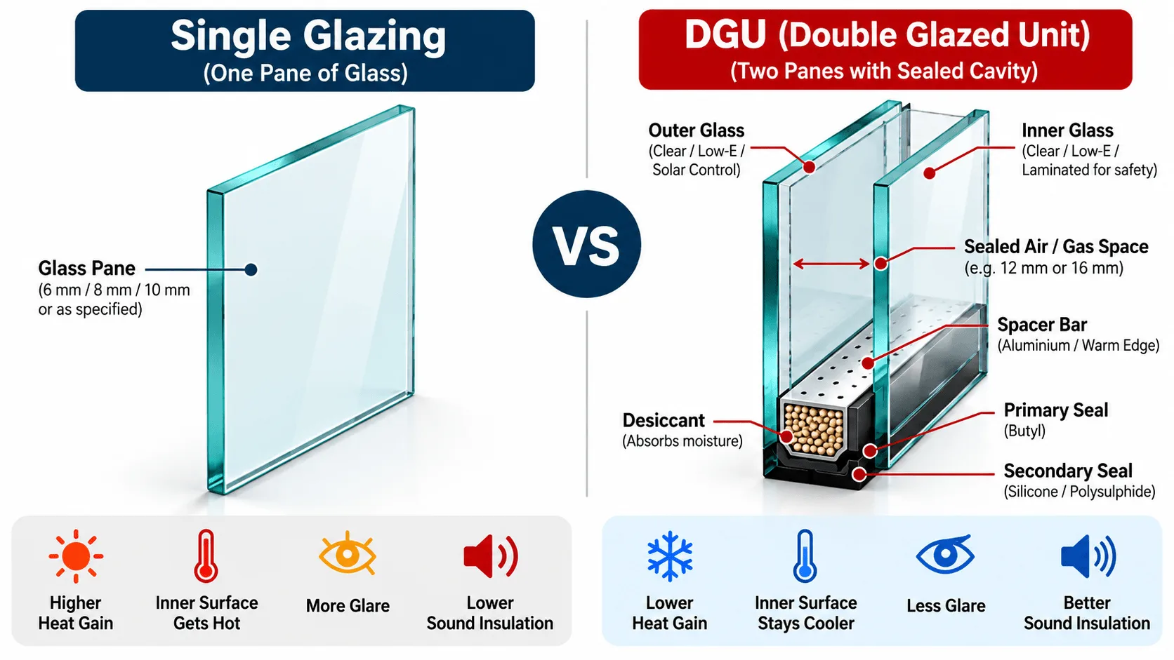 Technical diagram comparing single glazing and double-glazed unit (DGU) showing glass panes, sealed cavity, spacer bar, desiccant, and weather seals