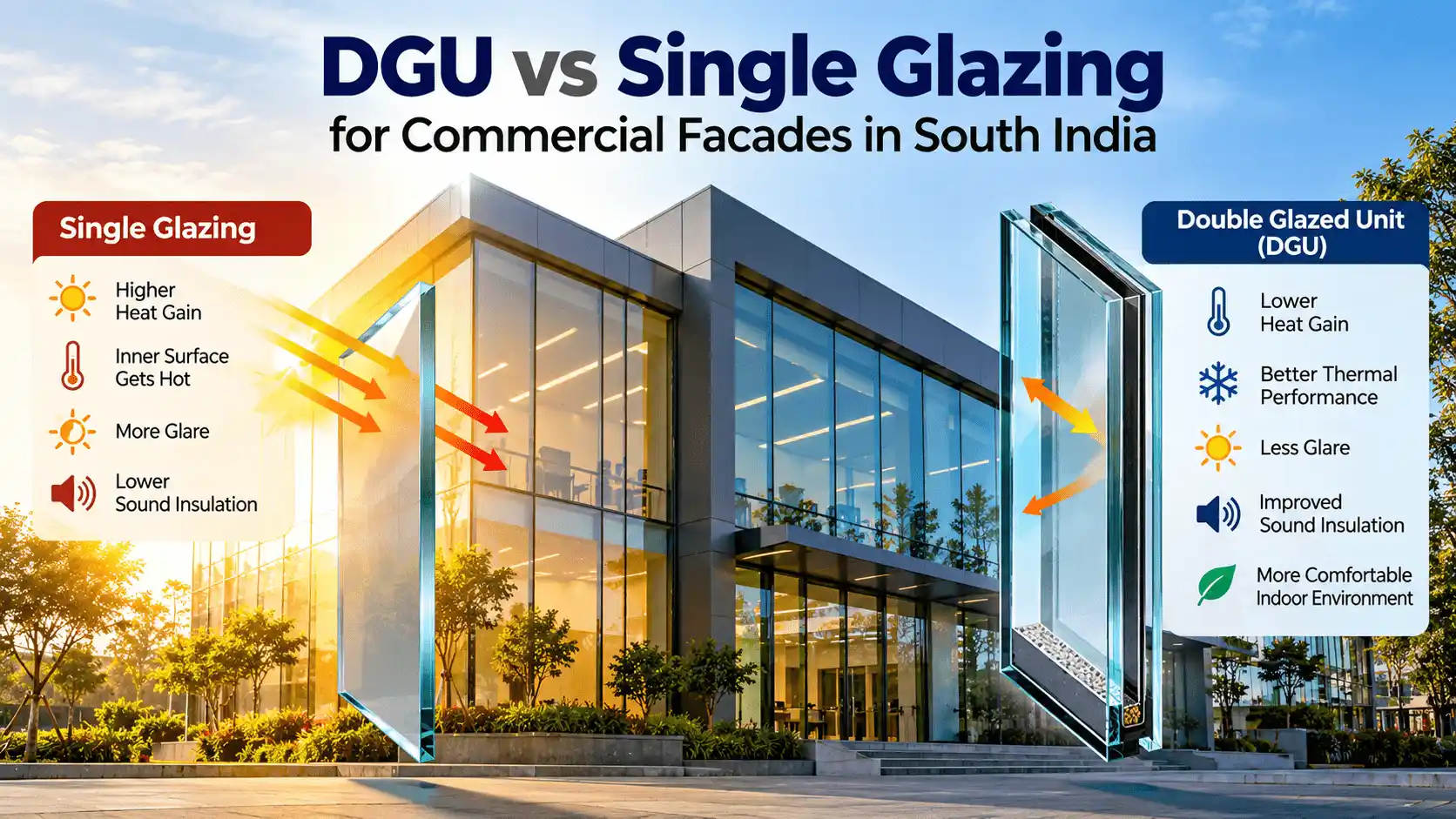 DGU vs single glazing comparison for commercial facades in South India