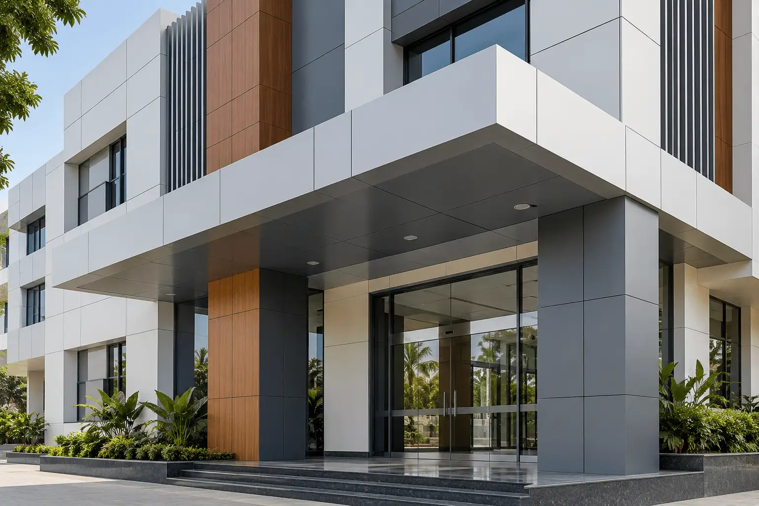 Modern ACP cladding hospital facade in daylight in Tamil Nadu