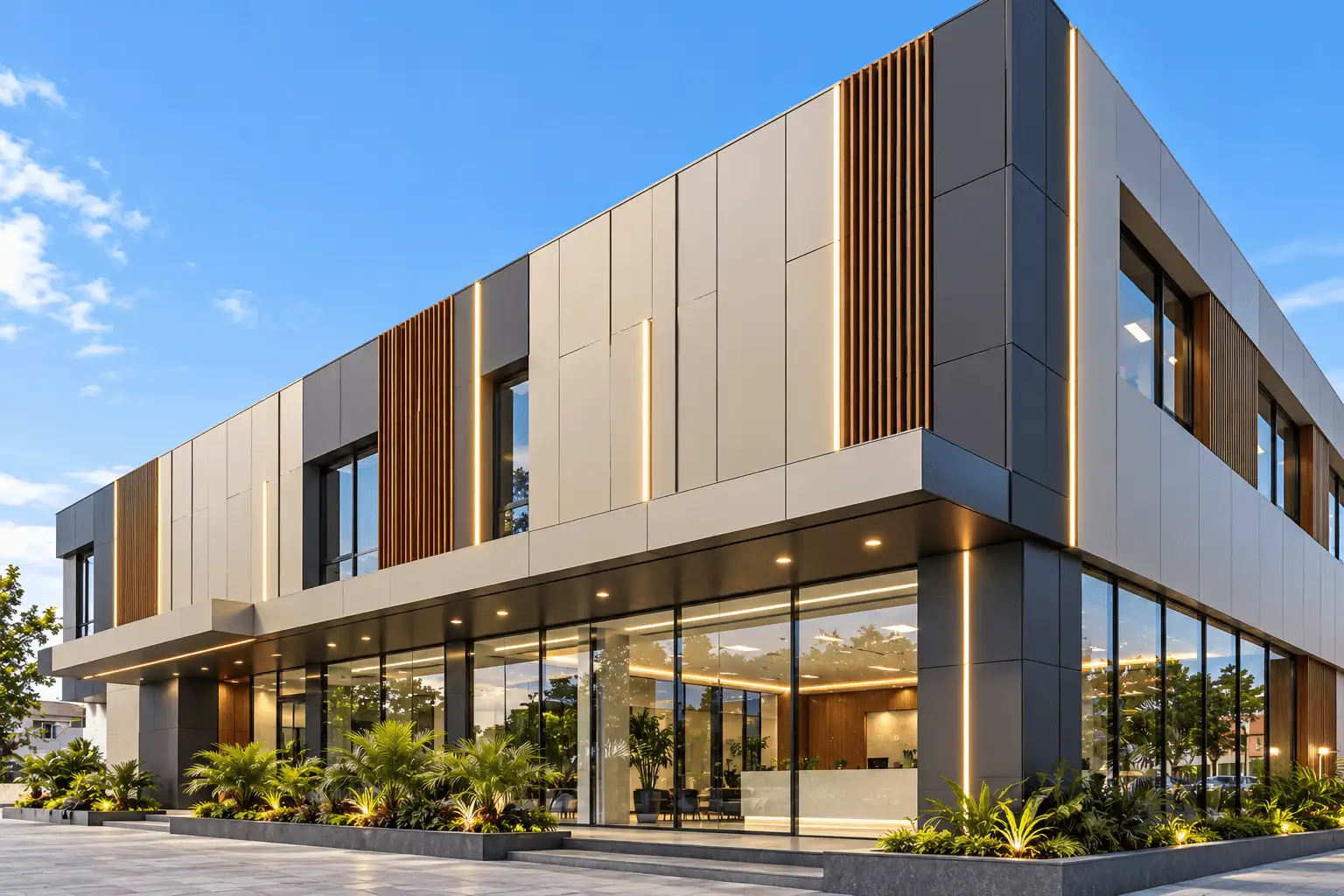 Modern ACP facade design for a commercial office building in Tamil Nadu