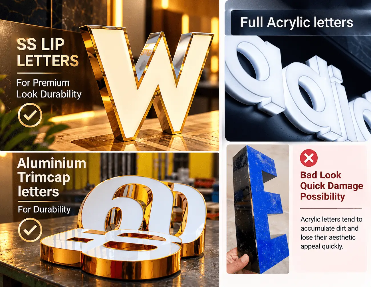 SS lip letters, aluminium trimcap letters, and acrylic letters comparison for showroom facades in Tamil Nadu