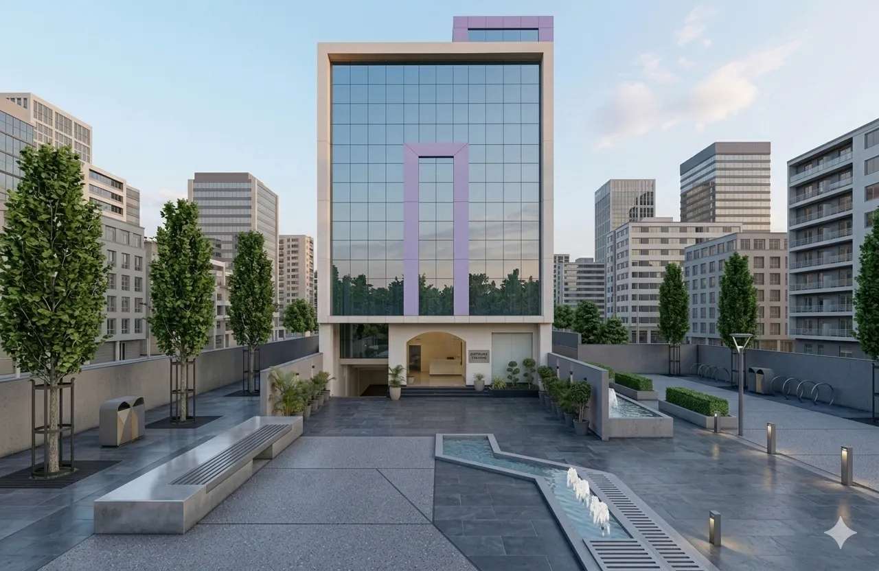 Contemporary commercial facade with integrated ACP cladding and frameless structural glazing work in chennai