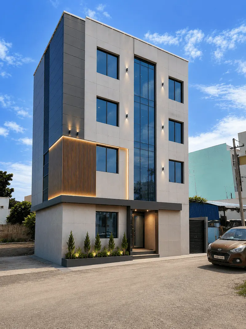 Corporate office building with ACP cladding and glass facade