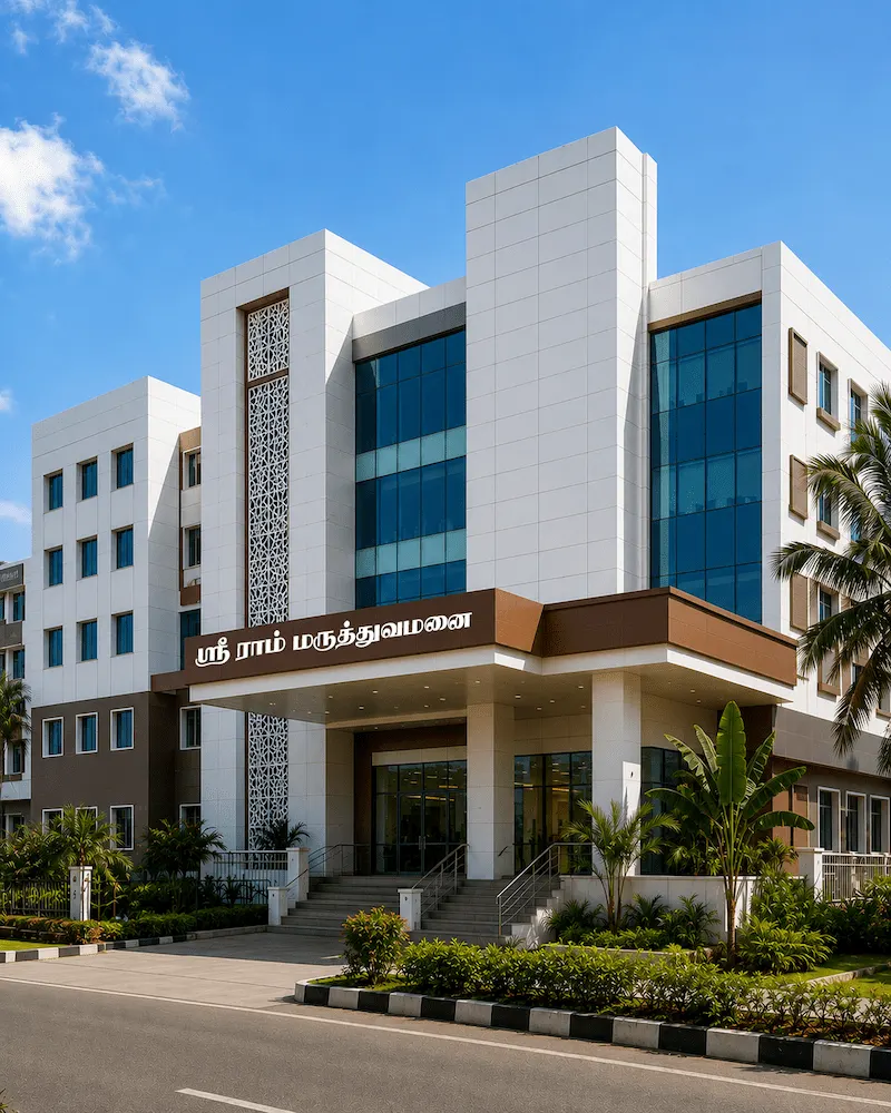 Hospital building exterior with ACP cladding and glass facade