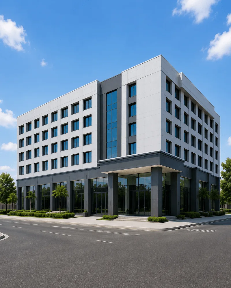 Hotel building exterior with ACP cladding and facade elevation