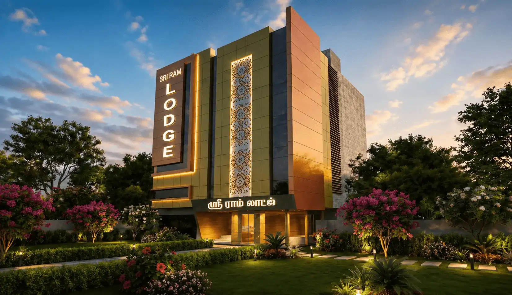 Modern ACP Cladding for a commercial building featuring premium aluminium composite panel cladding, decorative laser-cut panel, architectural exterior lighting, and contemporary building elevation design in Tamil Nadu.