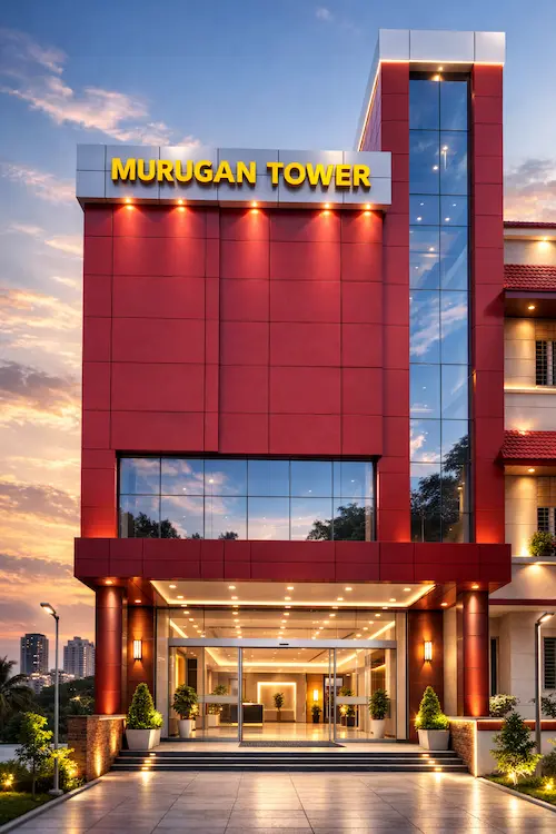 Weather-resistant commercial elevation combining durable ACP sheets and high-performance structural glass glazing work in madurai for long-lasting showrooms