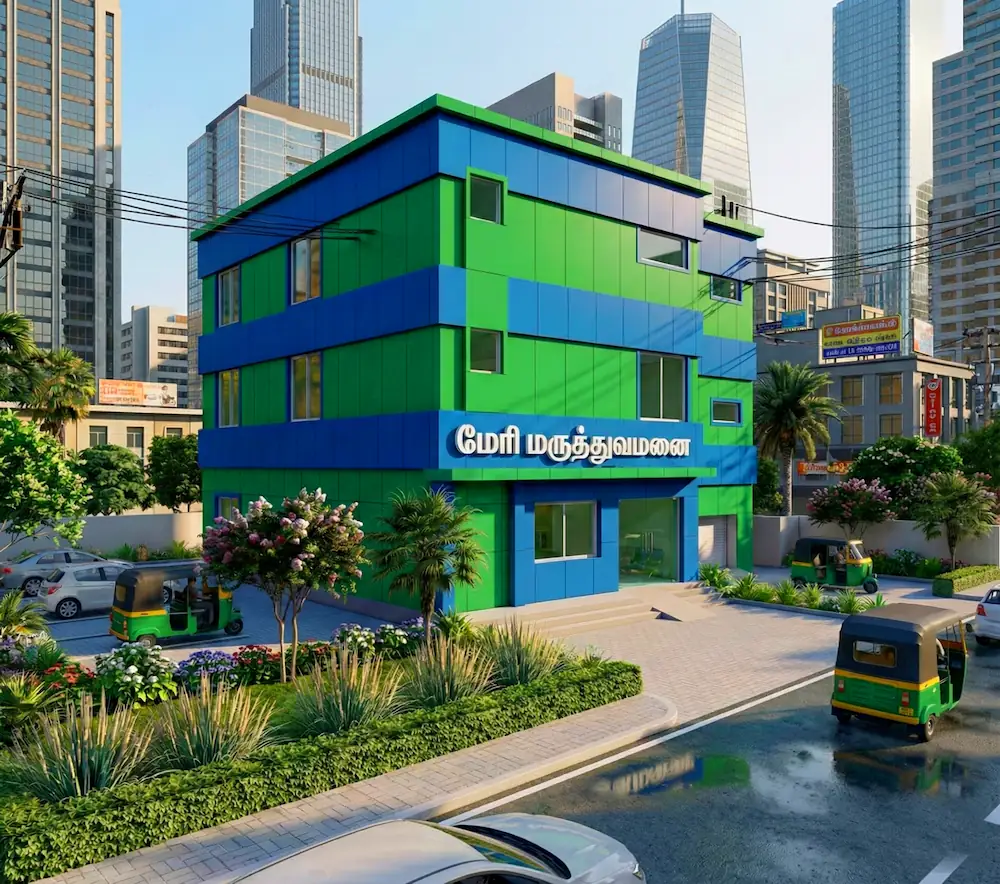 Integrated building facade featuring solid ACP panel cladding and frameless structural glazing for a sleek, contemporary commercial exterior in Nagercoil
