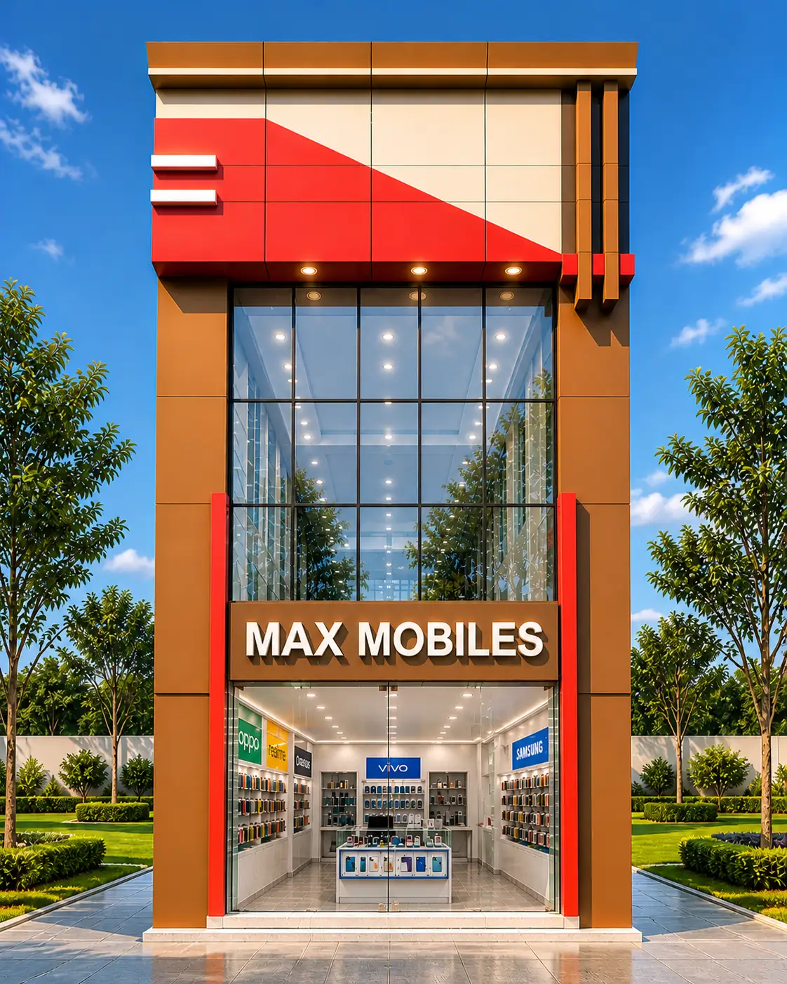 Modern storefront design showcasing the seamless transition between metallic ACP wall cladding and large-format frameless glass systems in Rajapalayam