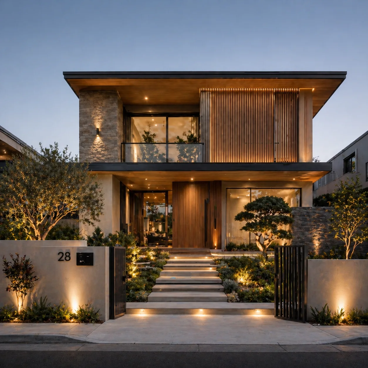 Modern Wpc exterior Facade featuring horizontal WPC planks in a walnut finish for a contemporary house front design in Sivakasi